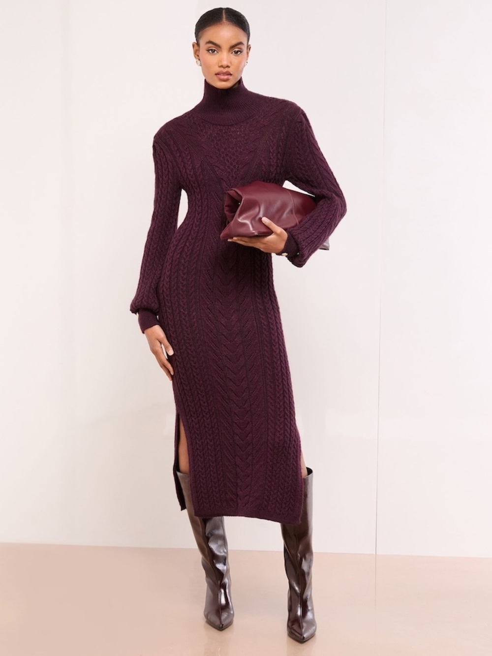 Lipsy Plum Cable-Knit Turtleneck Midi Dress with Pearl Cuffs